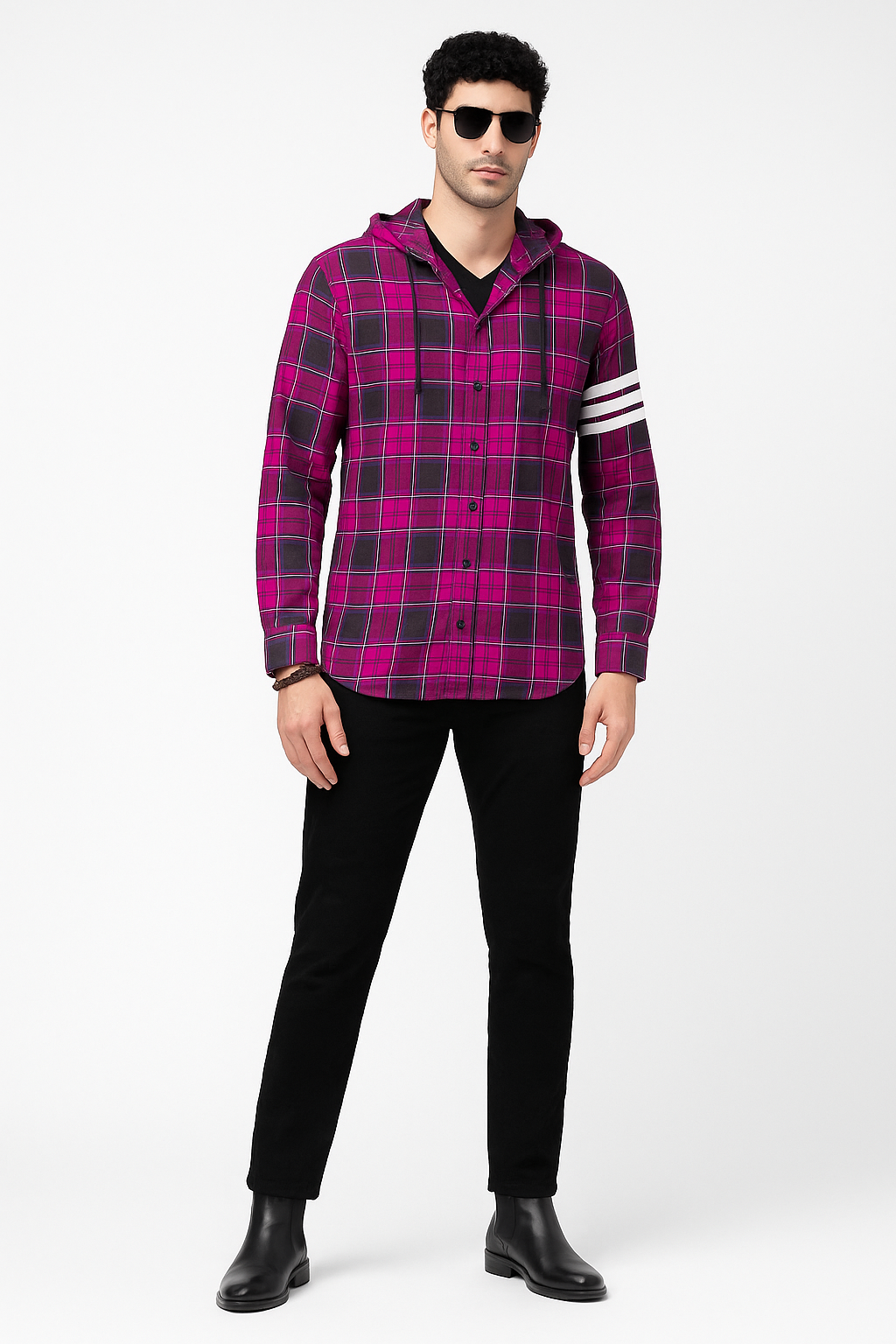 "Men’s Magenta & Black Plaid Hoodie Shirt/MH