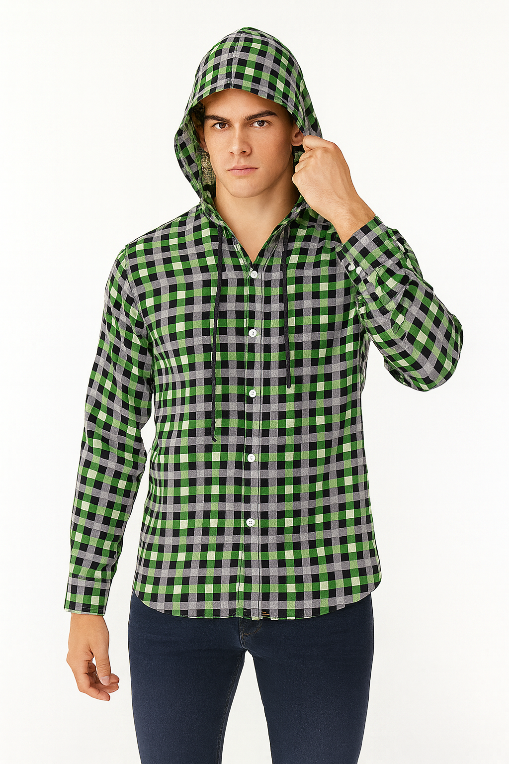 "Men's Green, Black & White Plaid Hooded Flannel Shirt – Front View"