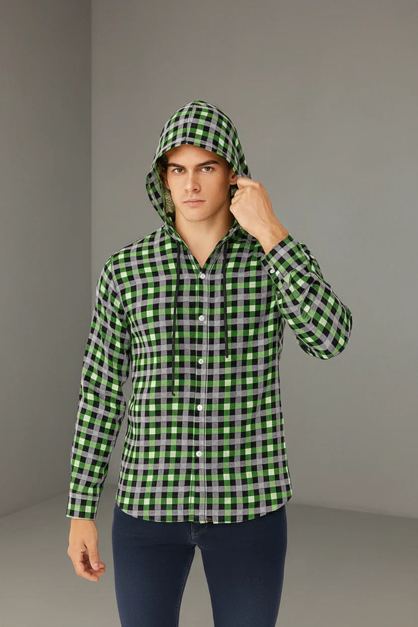 Men’s Hooded Gingham Check Flannel Shirt | 5 Bold Colours | Long Sleeve Street Style | Sizes S–XXL | MH