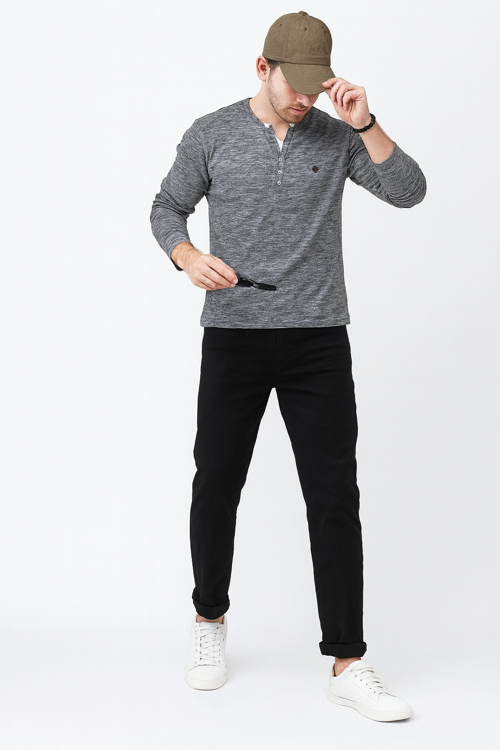 "Charcoal Gray V-Neck Henley – Men’s Long Sleeve/MH
