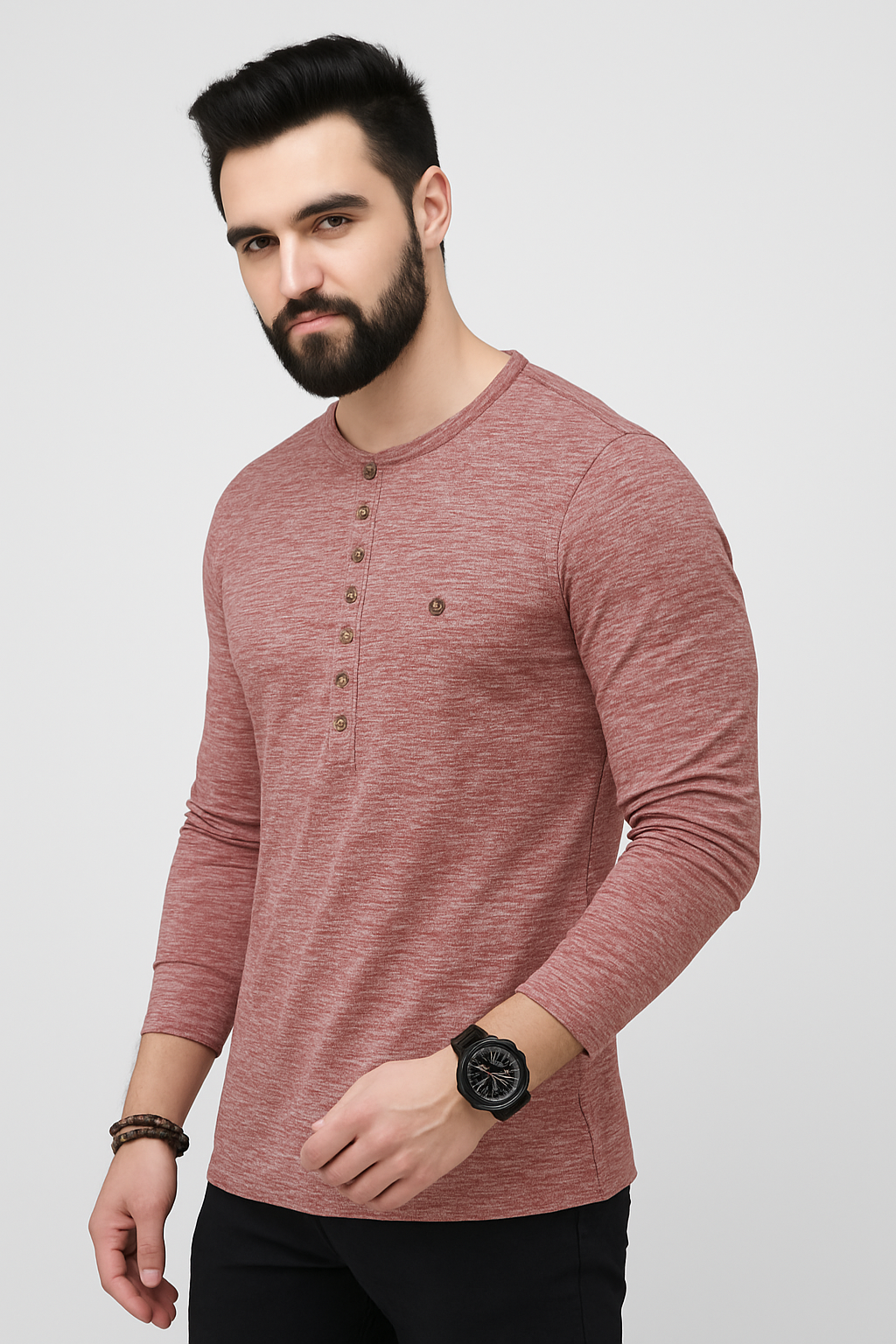 "Men’s 7-Button Henley Long Sleeve T-Shirt – Rust Heather"/MH