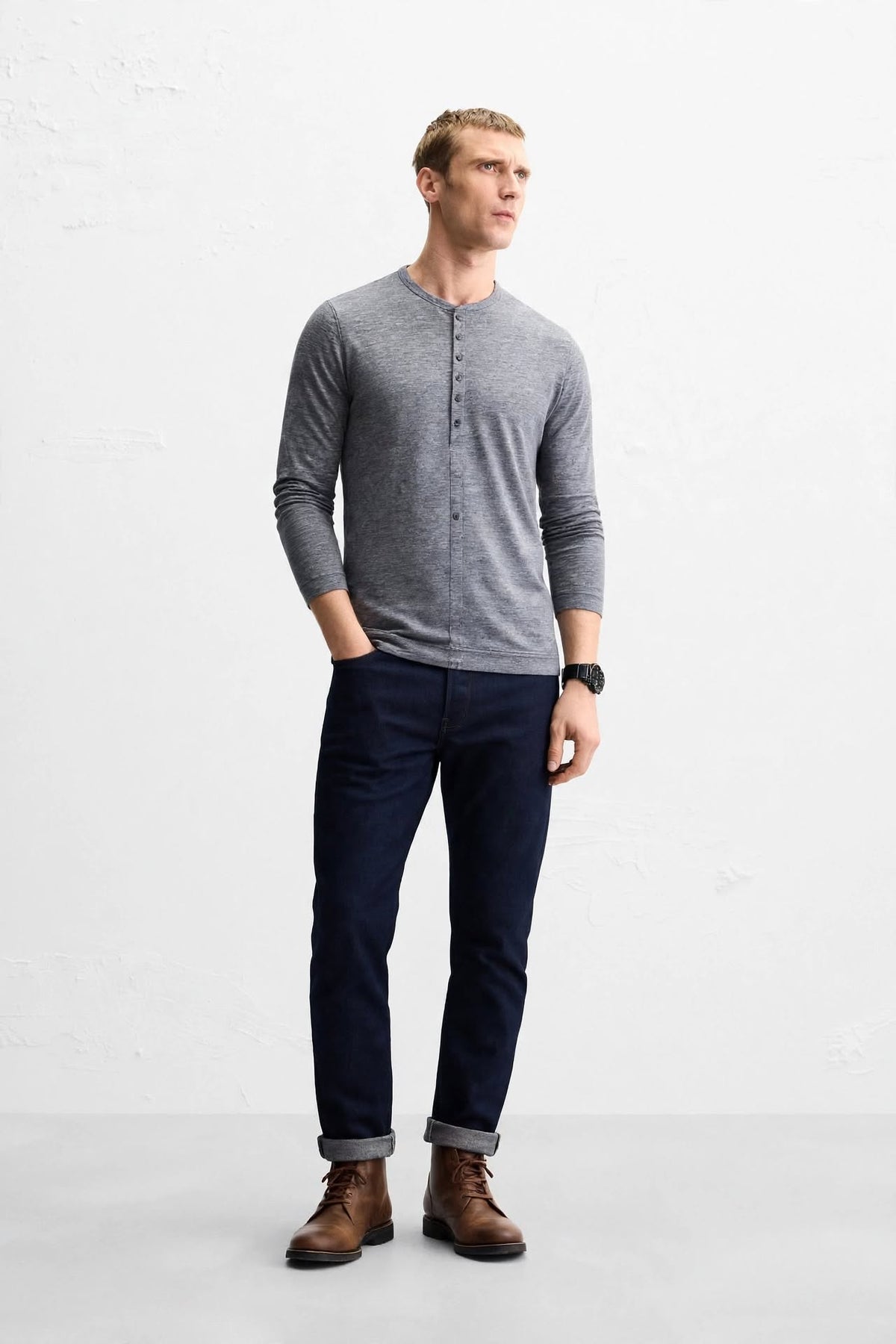 Men’s 7-Button Henley Long Sleeve T-Shirt – Charcoal Heather | Sizes S-XXL | MH
