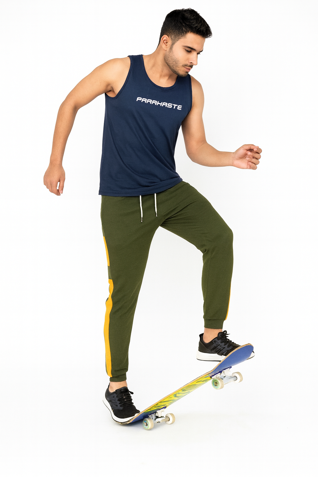 Men’s Olive Green Joggers with Yellow Stripe Panels. /MH