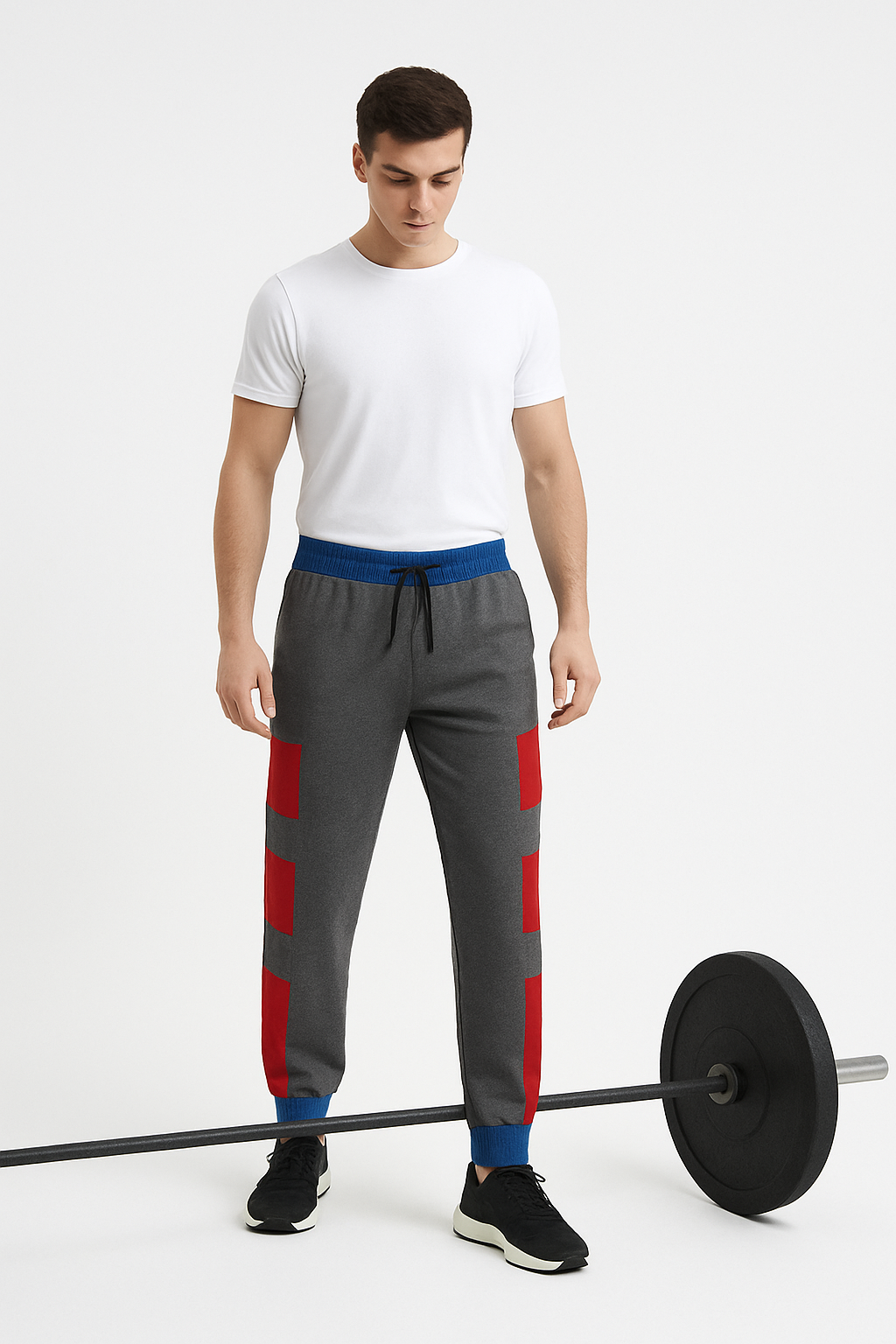 Men’s Dark Grey Joggers with Red Stripe Panels. /MH