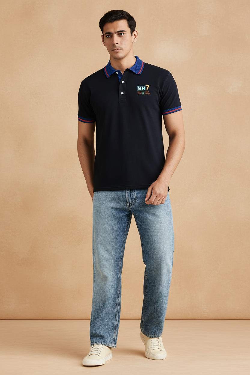 Navy Polo Shirt with Contrast Collar & Logo Detailing,Sizes(17-24Years) | MH