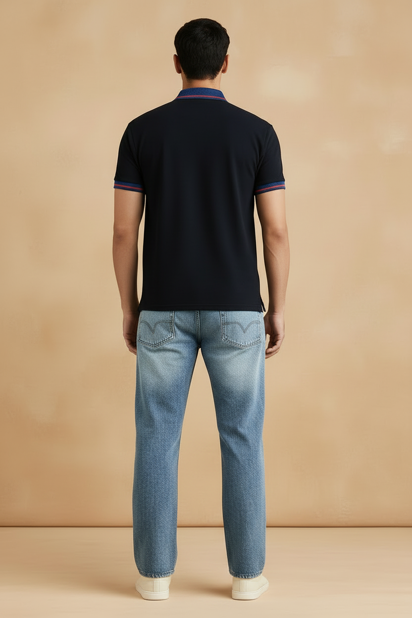 Navy Polo Shirt with Contrast Collar & Logo Detailing,Sizes(17-24Years) | MH