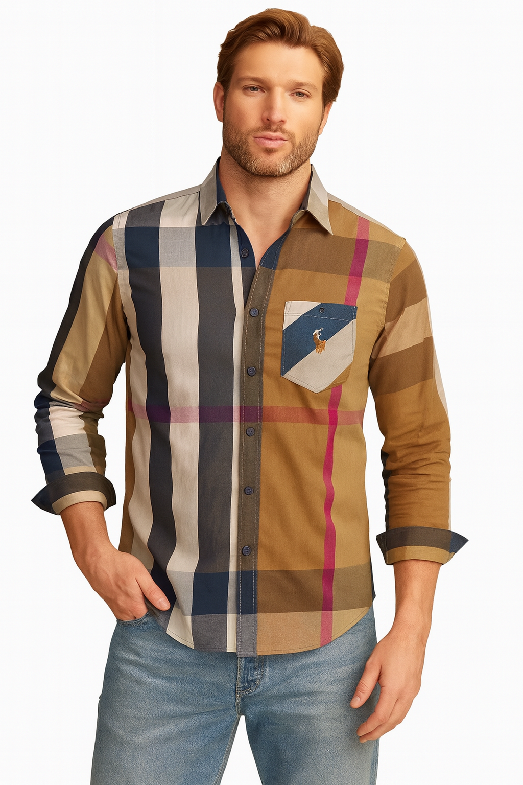 Bold Checks, Sharp Style: Red Plaid Shirt with Modern Edge / MH