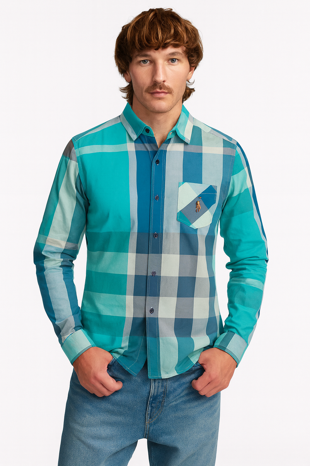 Bold Checks, Sharp Style: Red Plaid Shirt with Modern Edge / MH