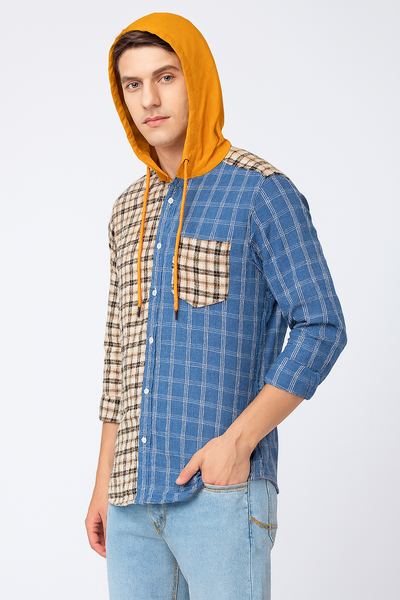 Tone Plaid Hoodie Shirt – Blue & Beige with Mustard Hood