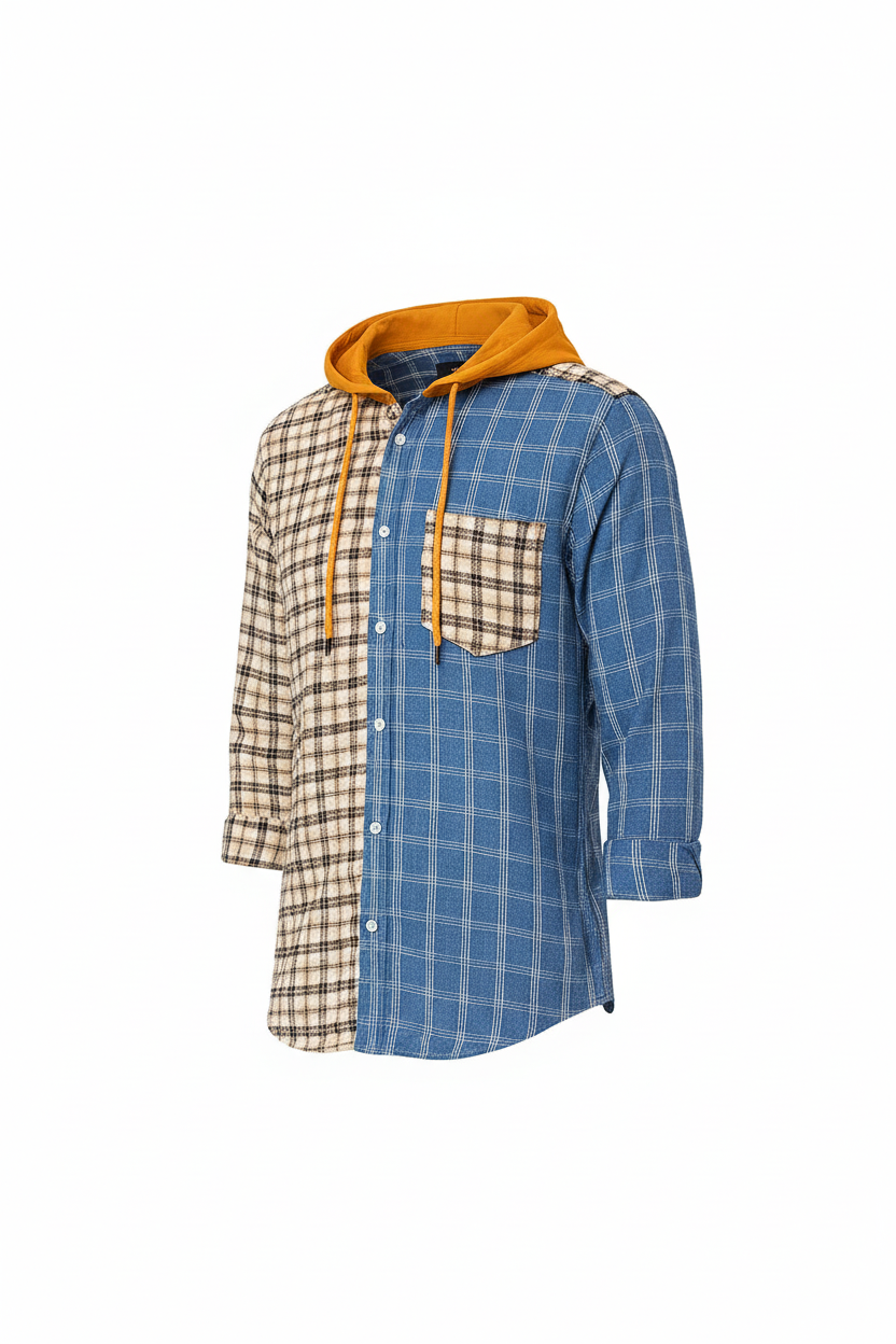 Tone Plaid Hoodie Shirt – Blue & Beige with Mustard Hood | Sizes S-XXL | MH