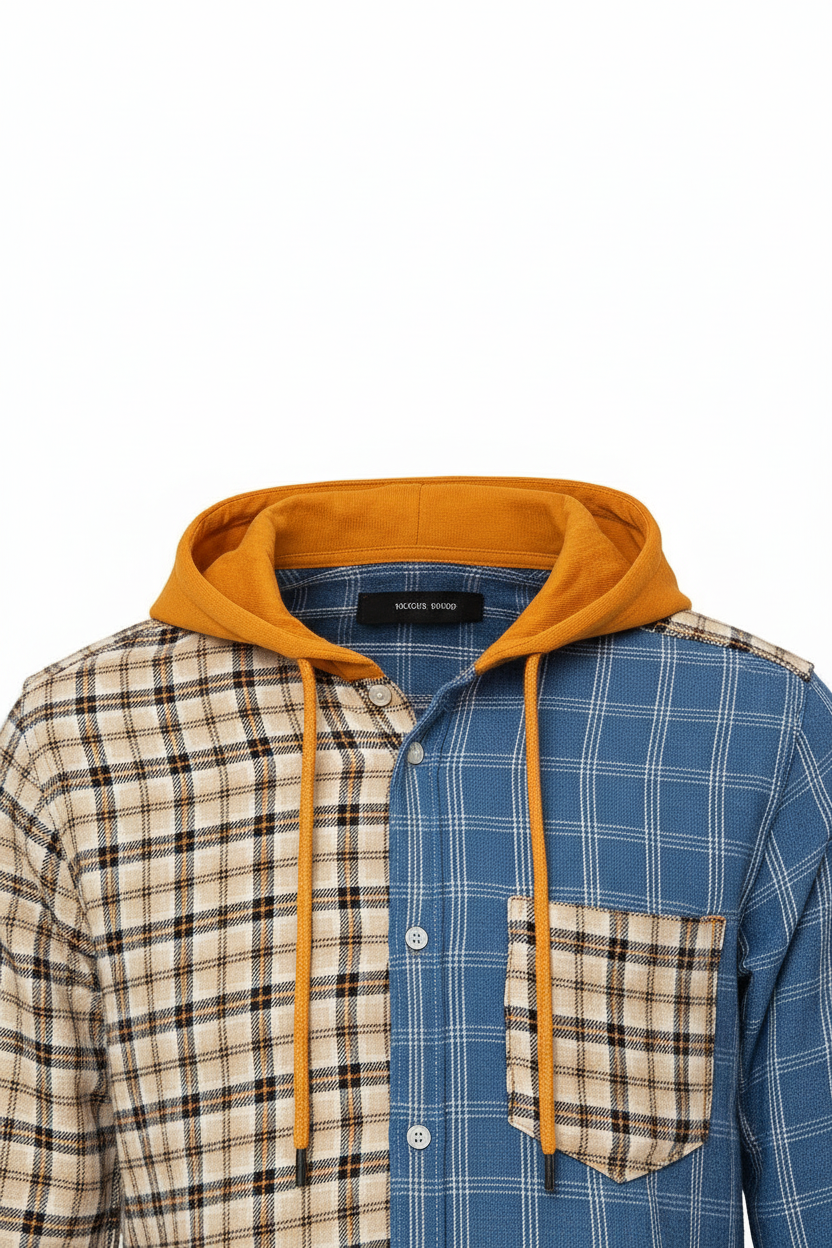 Tone Plaid Hoodie Shirt – Blue & Beige with Mustard Hood | Sizes S-XXL | MH