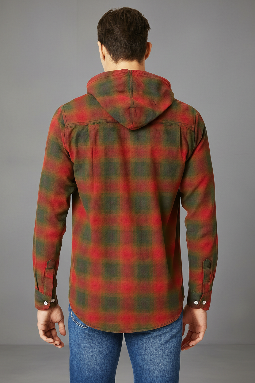 Men’s Red & Olive Green Hooded Flannel Plaid Shacket | Grey Drawstring Roll-Up Sleeves | Sizes S–XXL | MH