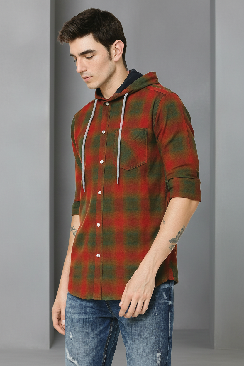 Men’s Red & Olive Green Hooded Flannel Plaid Shacket | Grey Drawstring Roll-Up Sleeves | Sizes S–XXL | MH