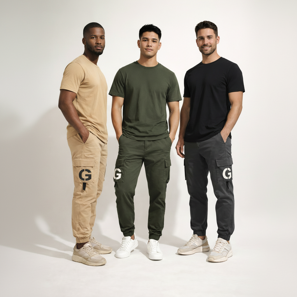 Young Men’s Olive Green Cargo Joggers 17-24 Years | Stylish Multiple Pockets Jogger Pants with “G” Patch | 3 Colors | MH