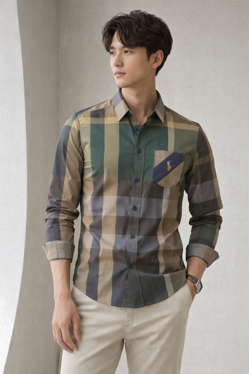 Classic Earth-Colour Plaid Slim Fit Shirt