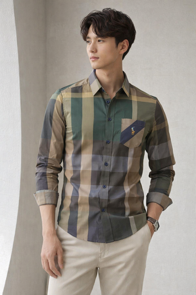 Men’s Classic Earth Tone Plaid Slim Fit Shirt | Green Brown Check Long Sleeve | Sizes S–XL.