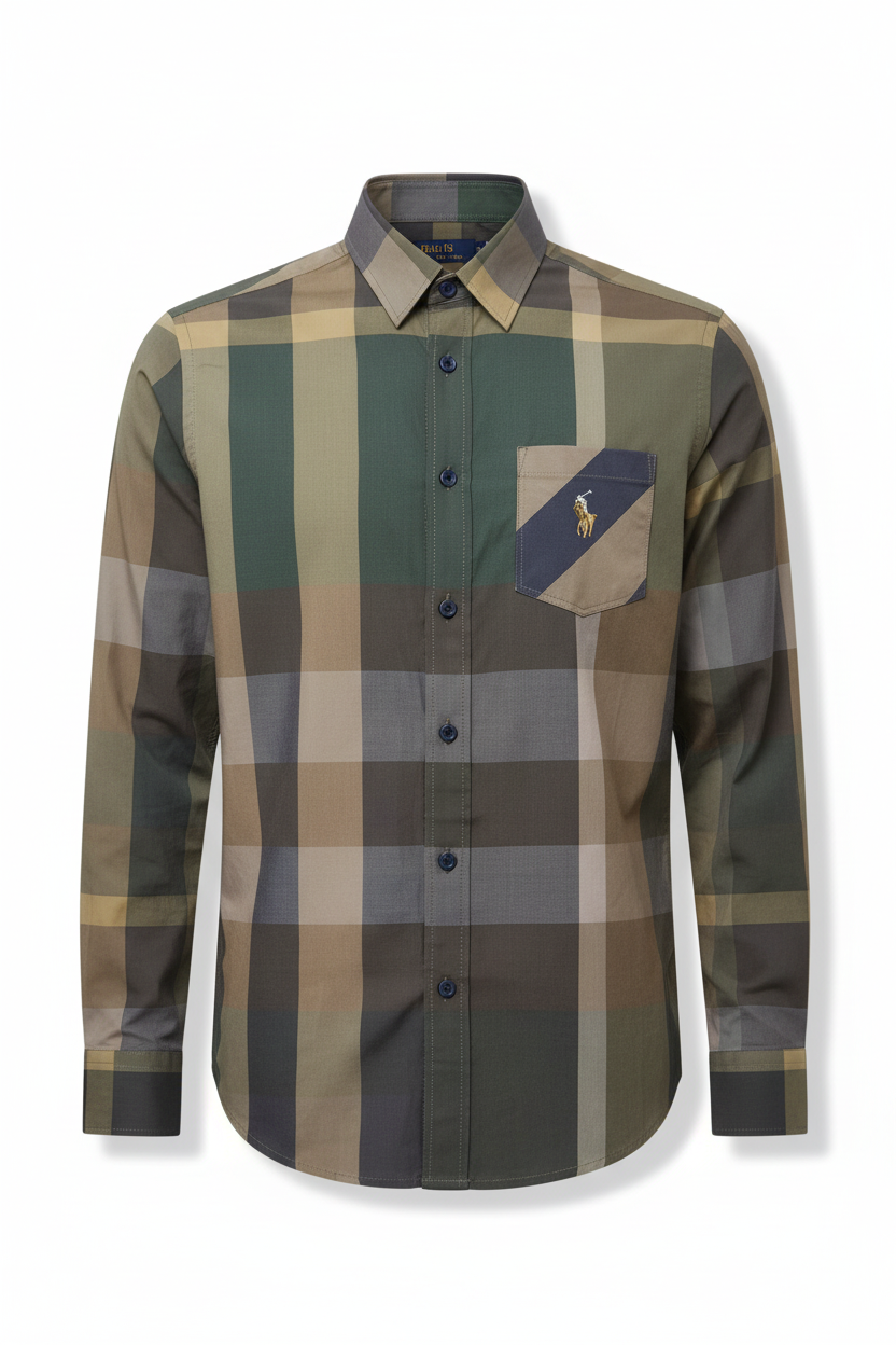 Men’s Classic Earth Tone Plaid Slim Fit Shirt | Green Brown Check Long Sleeve | Sizes S–XL.
