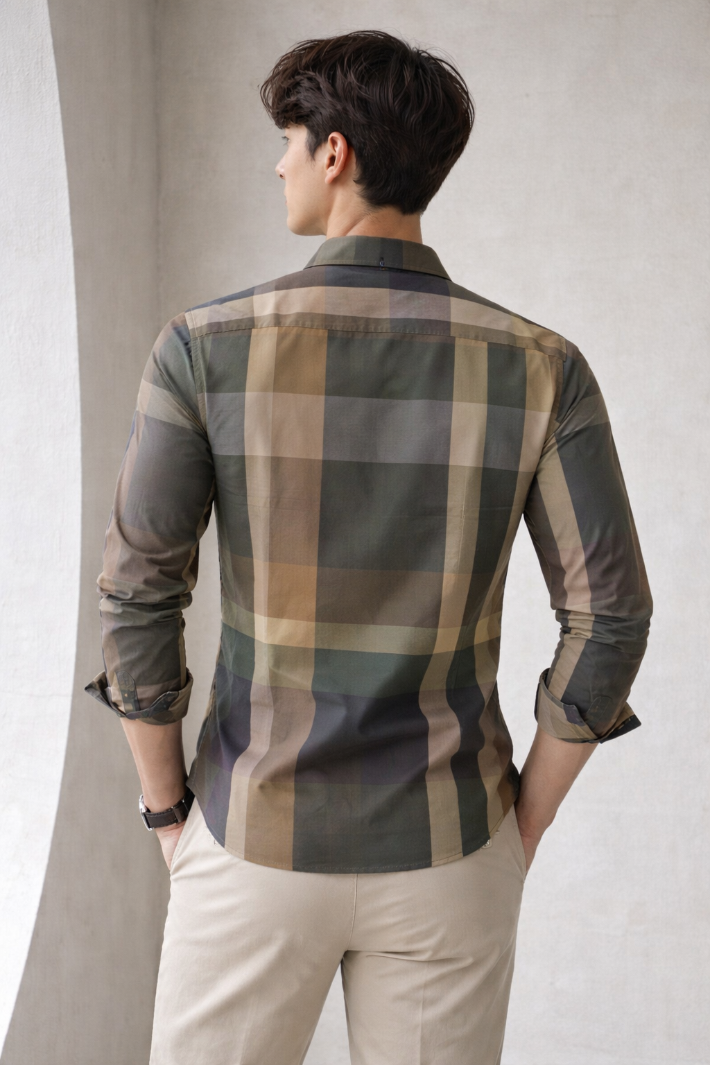 Classic Earth-Colour Plaid Slim Fit Shirt