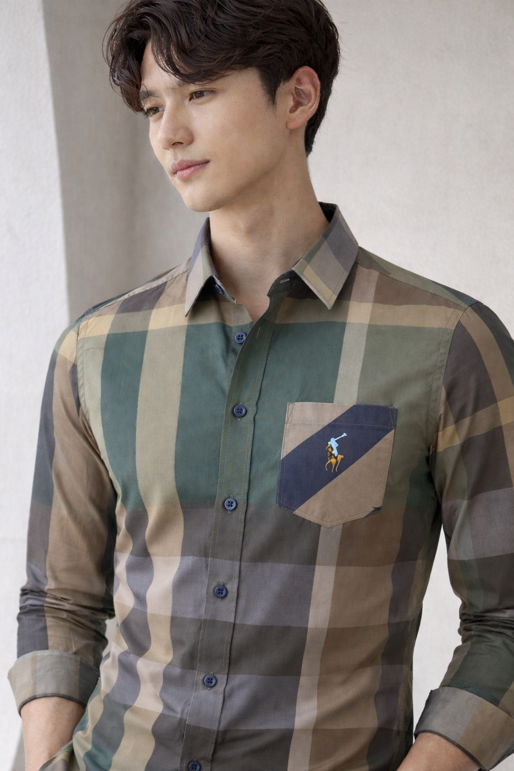 Classic Earth-Colour Plaid Slim Fit Shirt