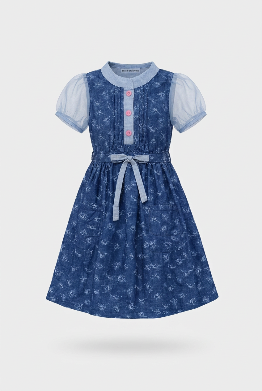 Elegant Floral Button-Front Girls Dress with Waist Tie Detail,Sizes(2-12Years) | MH