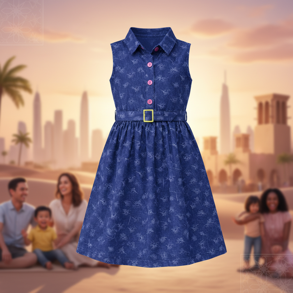 Girls Flower Printed Blue Denim Button-Cut Sleeve With Waist Belt Tunic (2–12 Years)