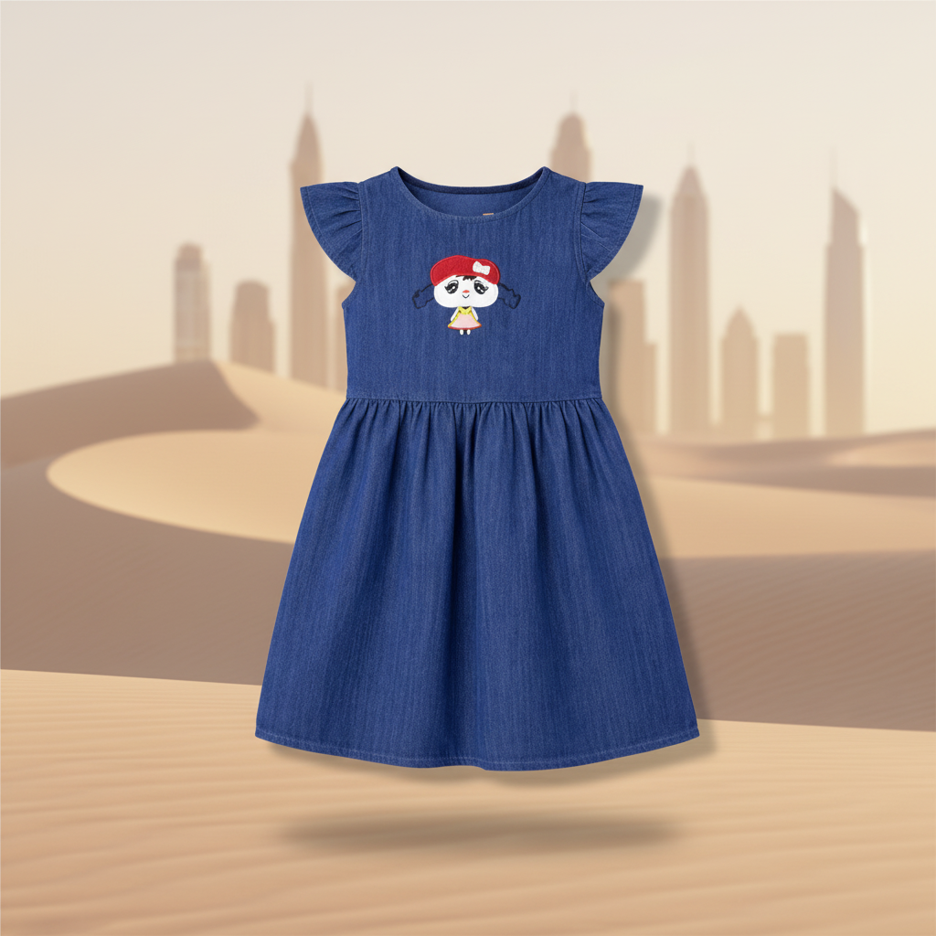 Girls' Denim Flutter Sleeve Dress – Embroidered Character A-Line Summer Dress (1-6 Years) | MH