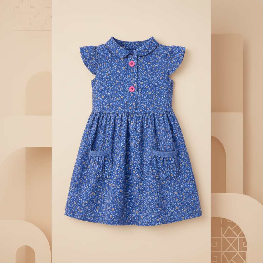 Girls' Navy Floral Short Sleeve Dress – Cotton A-Line Summer Dress with Pockets (6-12Month) | MH
