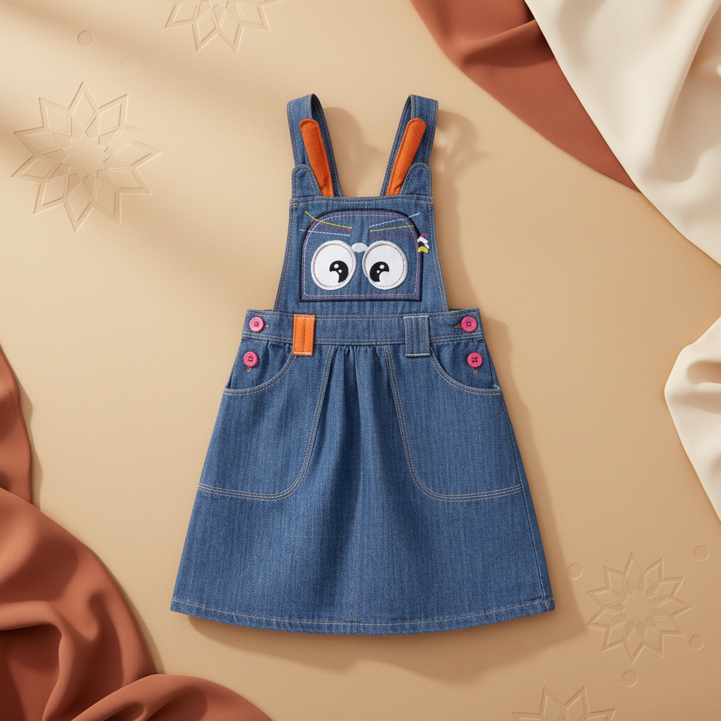 Girls' Embroidered Denim Pinafore Dress – Character Overall Pinafore with Cross-Back Straps (6-36 Months) | MH