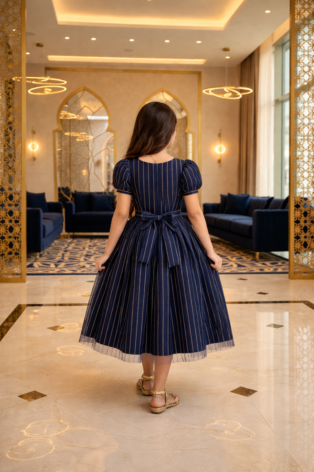 Modest Blue Arabic Kaftan Dress for Girls – Gold Sequin Embroidery | Sizes 8, 10, 12 Years | MH