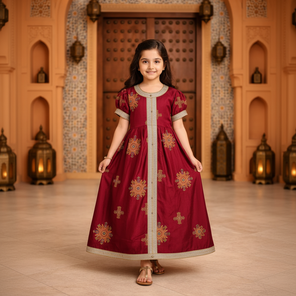 Girls Red Arabic Kaftan Dress with Floral Embroidery – Modest Fashion | Ages 2 & 4 Years | MH
