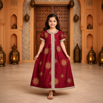 Girls Red Arabic Kaftan Dress with Floral Embroidery – Modest Fashion | Ages 2 & 4 Years | MH