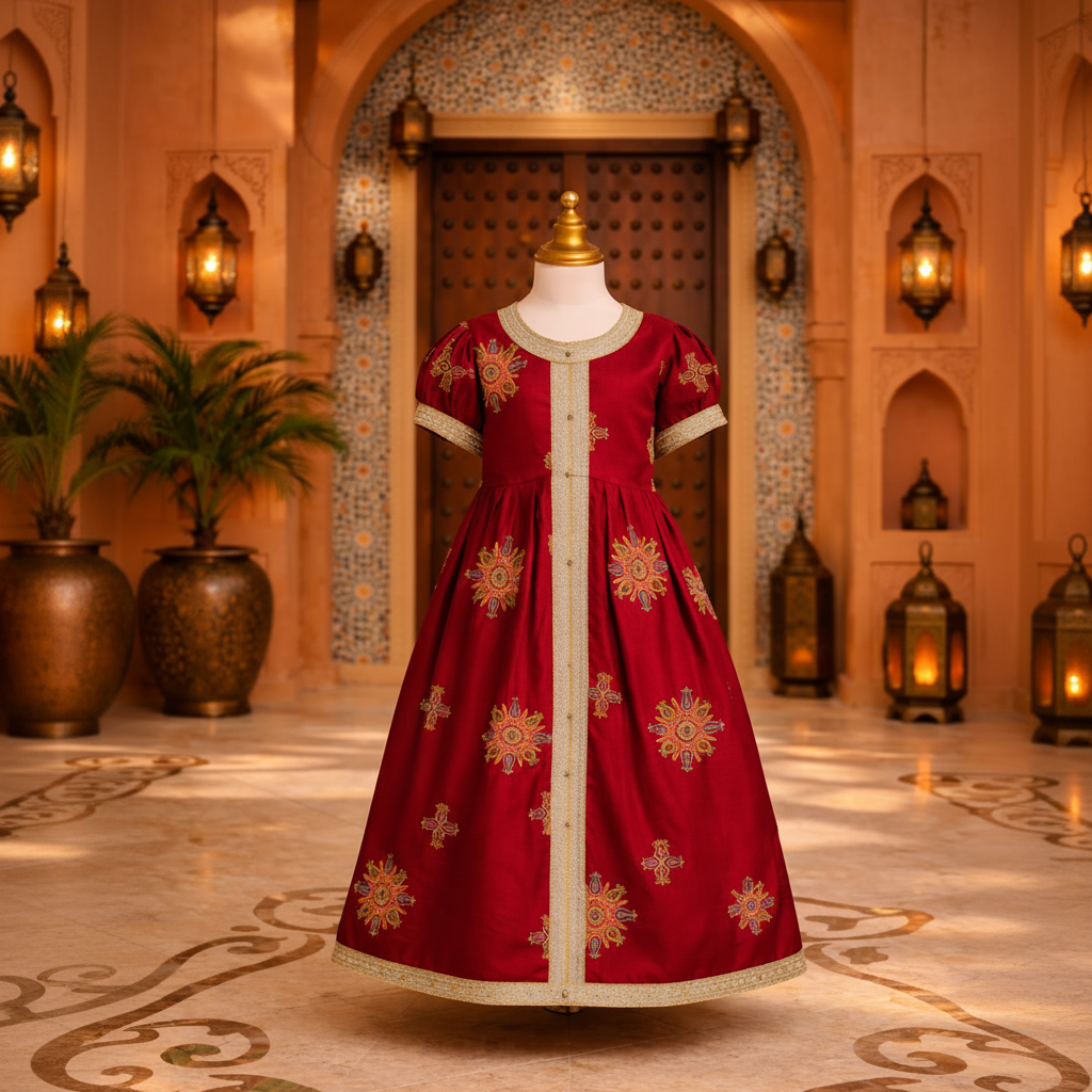 Girls Red Arabic Kaftan Dress with Floral Embroidery – Modest Fashion | Ages 2 & 4 Years | MH