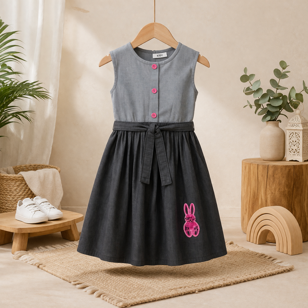 Girls Grey & Black Sleeveless Party Dress with Waist Tie Belt | Sizes (2–12 Years) | MH