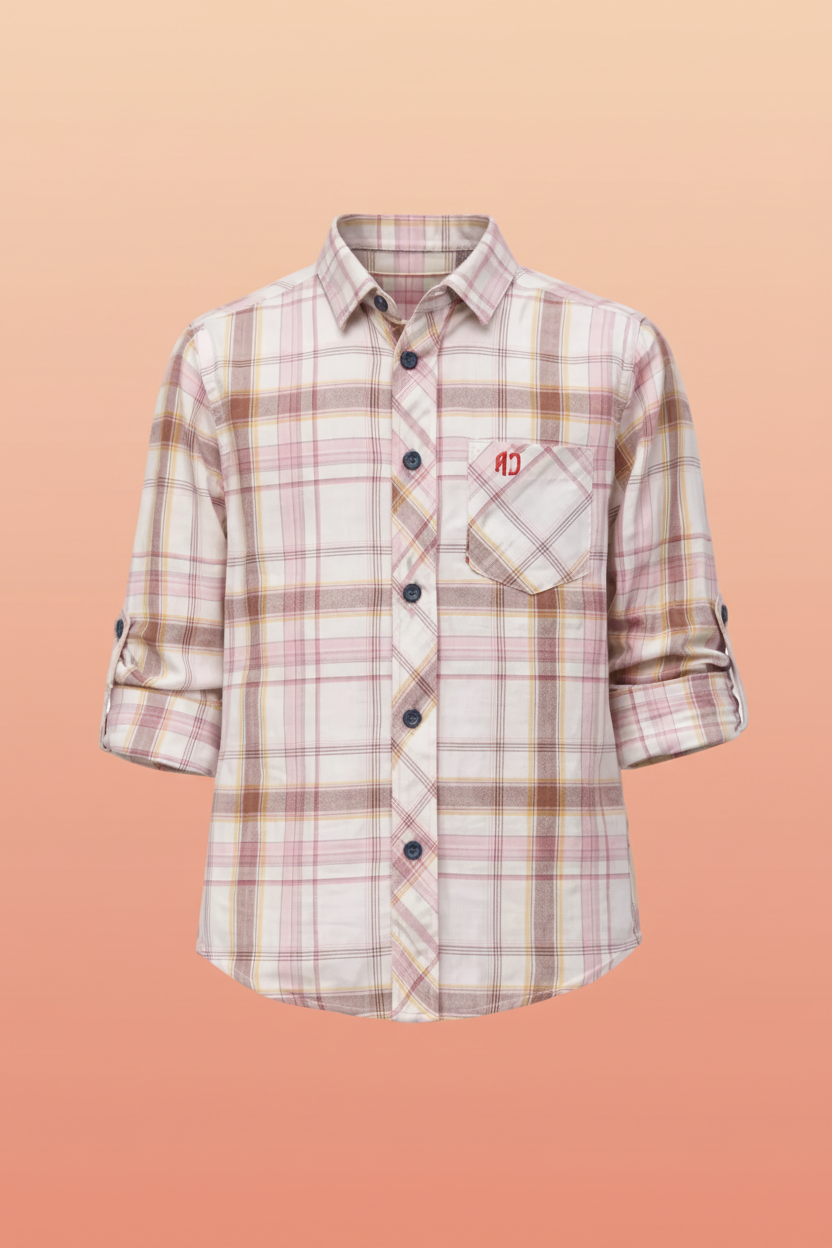 Boys Cream & Pink Brown Plaid Flannel Shirt | Navy Buttons Roll-Up Sleeves | Smart Casual | Ages 2–12 Years | MH