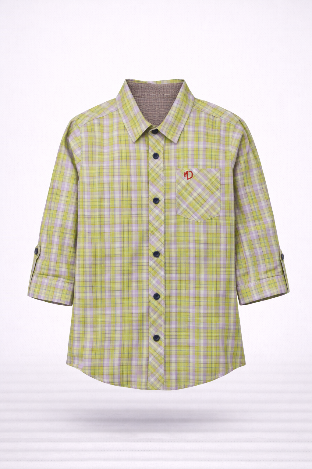 Boys Lime Green Check Long Sleeve Shirt | Navy Contrast Buttons & Cuffs | Smart Casual | Ages 2–12 Years | MH