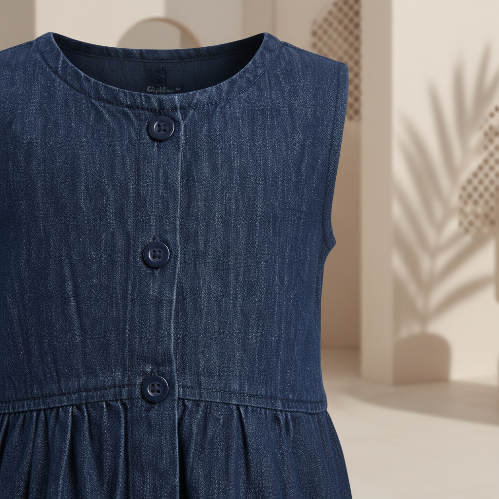 Girls Denim Dress with Butterfly Embroidery - Navy Blue Button Front Dress 1-6 Years