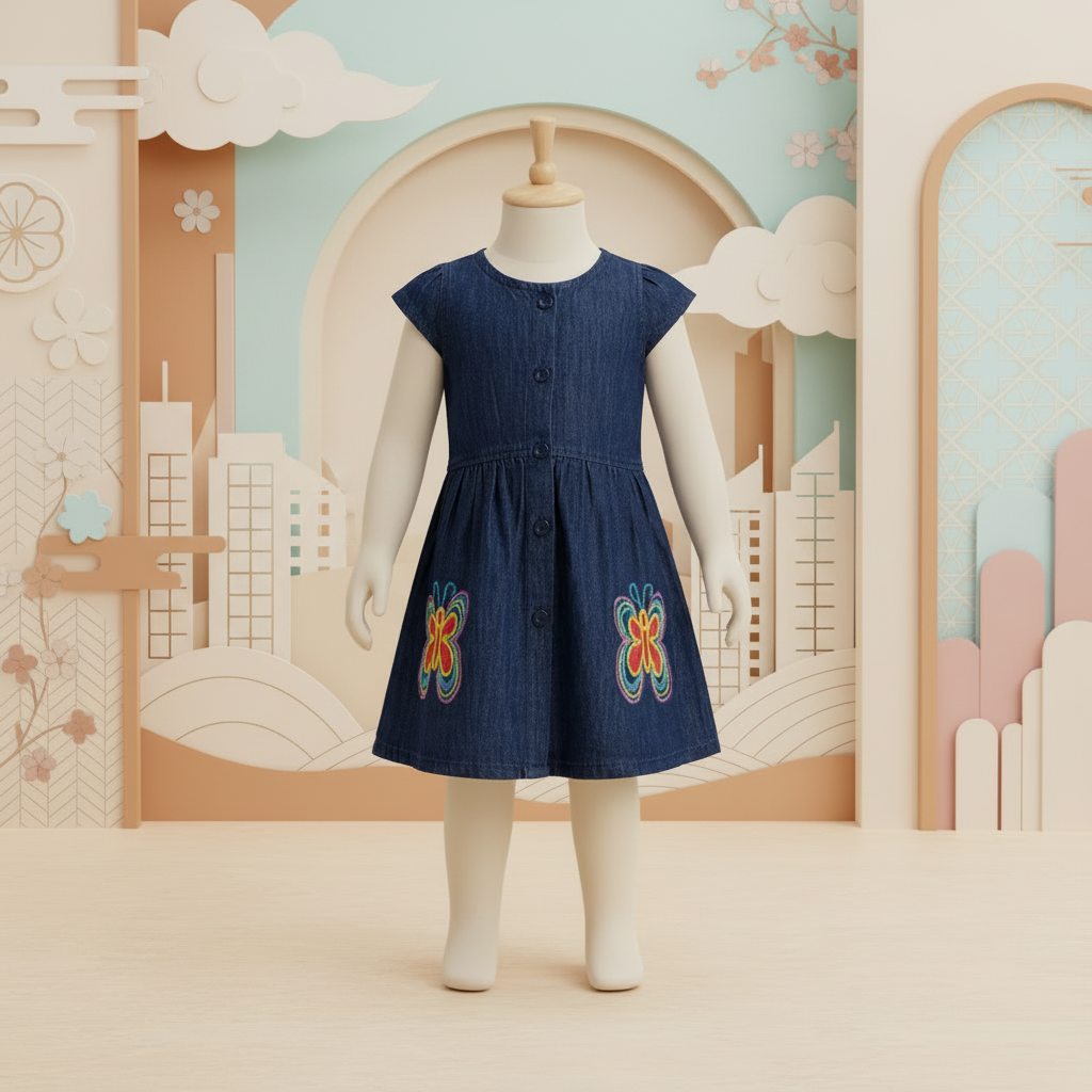 Girls Denim Dress with Butterfly Embroidery - Navy Blue Button Front Dress 1-6 Years
