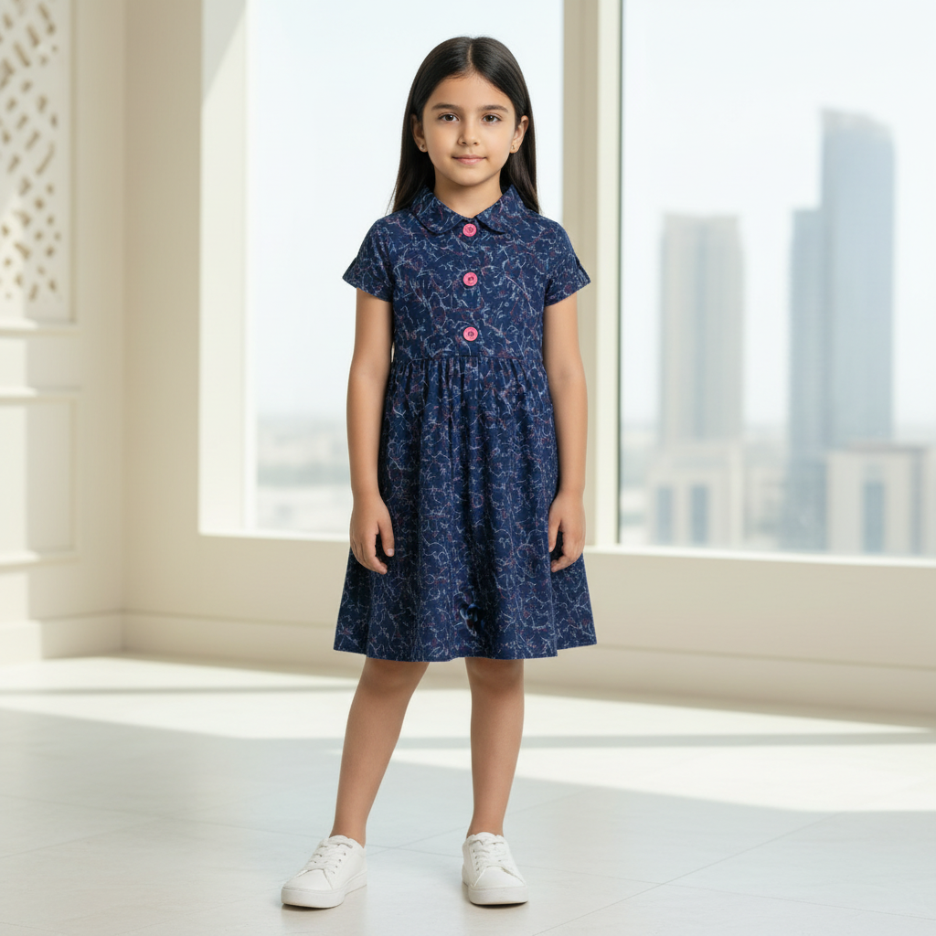 Girls Navy Blue Abstract Print Dress with Pink Buttons – Ages 2-12Y | MH