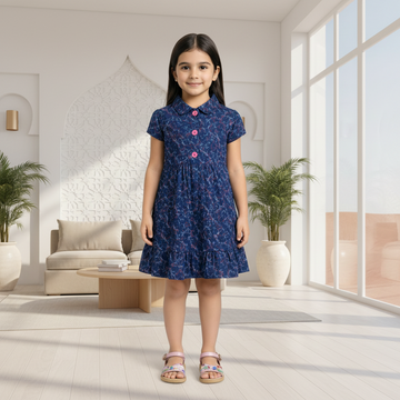 Girls Navy Blue Abstract Print Dress with Pink Buttons – Ages 2-12Y | MH