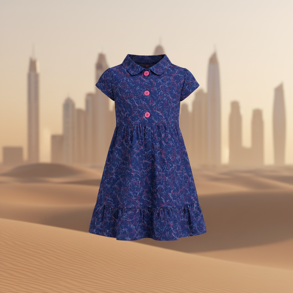 Girls Navy Blue Abstract Print Dress with Pink Buttons – Ages 2-12Y | MH