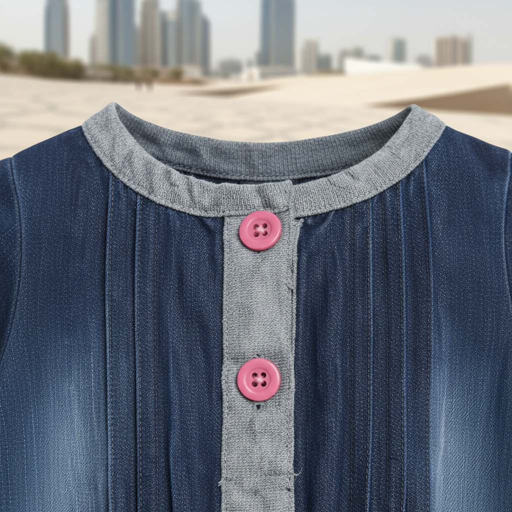 Girls Navy Blue Denim Pinafore Dress | Grey Contrast Tie Waist Pink Buttons | Smart Casual | Ages 2–12 Years | MH