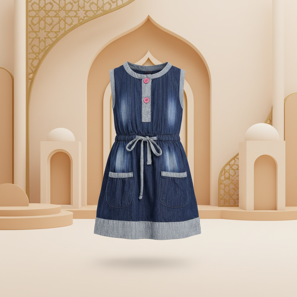 Girls Navy Blue Denim Pinafore Dress | Grey Contrast Tie Waist Pink Buttons | Smart Casual | Ages 2–12 Years | MH