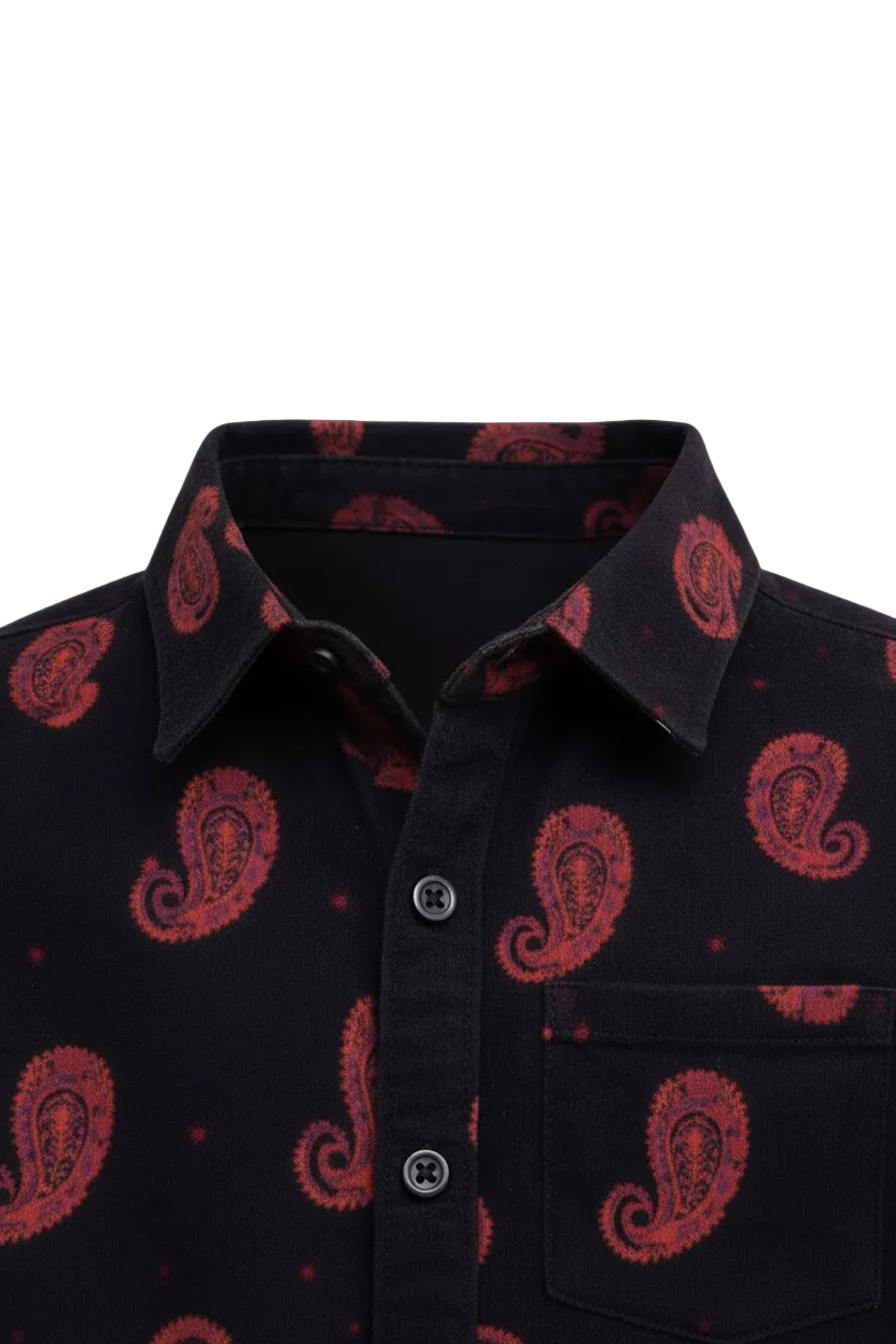 MH Boys Black Paisley Print Cotton Shirt | Trendy Casual Kids Button-Up (Ages 3–14)
