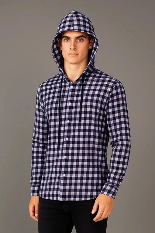 Men’s Hooded Gingham Check Flannel Shirt | 5 Bold Colours | Long Sleeve Street Style | Sizes S–XXL | MH
