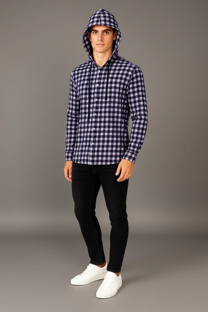 Men’s Hooded Gingham Check Flannel Shirt | 5 Bold Colours | Long Sleeve Street Style | Sizes S–XXL | MH
