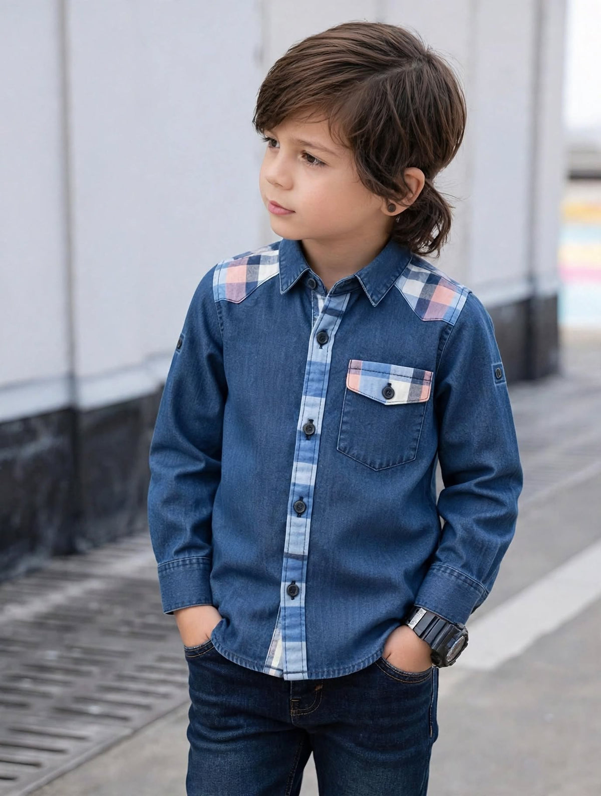 Boys Navy Blue Cotton Long Sleeve Shirt | Pink Plaid Contrast Yoke & Pocket | Ages 2–12 Years | MH