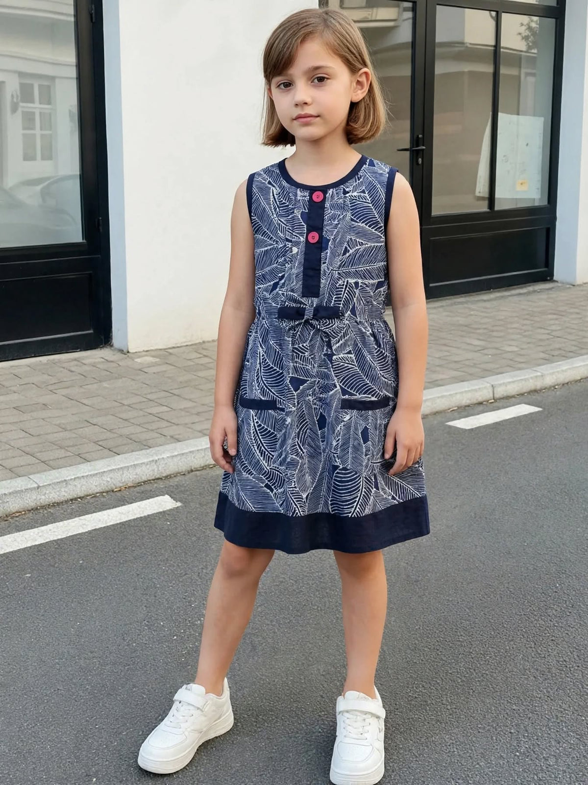 Girls Navy Blue White Leaf Print Sleeveless Dress | Pink Buttons Bow Waist Navy Hem | Smart Occasion | Ages 2–12 Years | MH