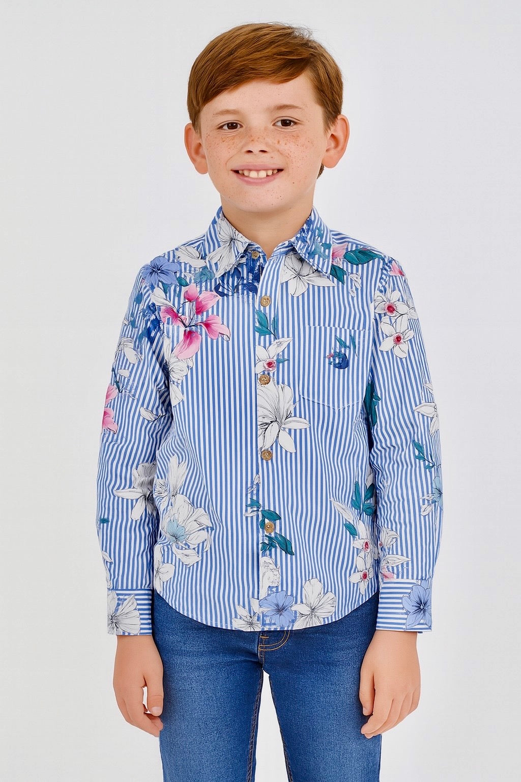 Boys Long Sleeve Floral Shirt Navy Pink Flowers Button Up Casual | Sizes 1-12Years | MH