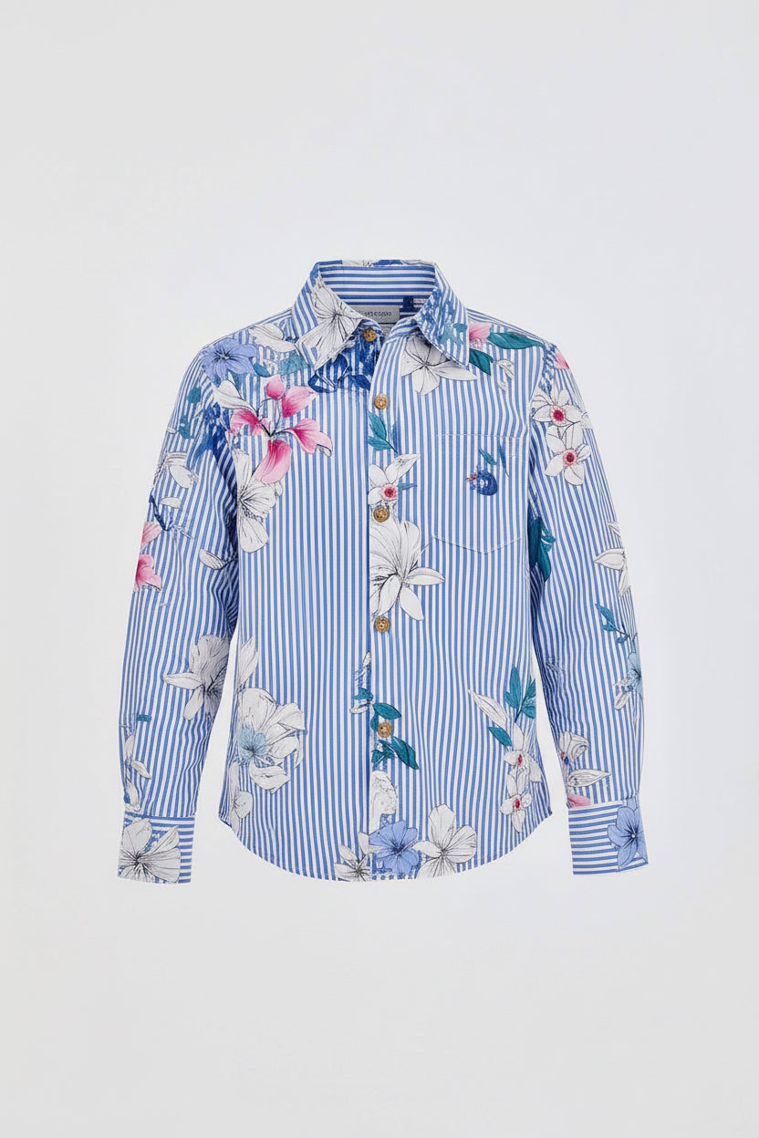 Boys Long Sleeve Floral Shirt Navy Pink Flowers Button Up Casual | Sizes 1-12Years | MH