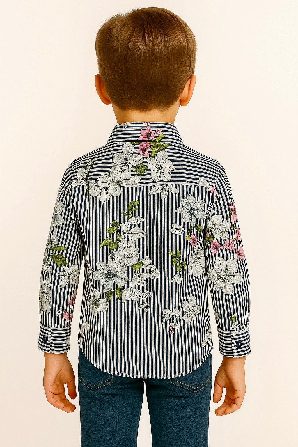 Boys Long Sleeve Floral Shirt Navy Pink Flowers Button Up Casual | Sizes 1-12Years | MH